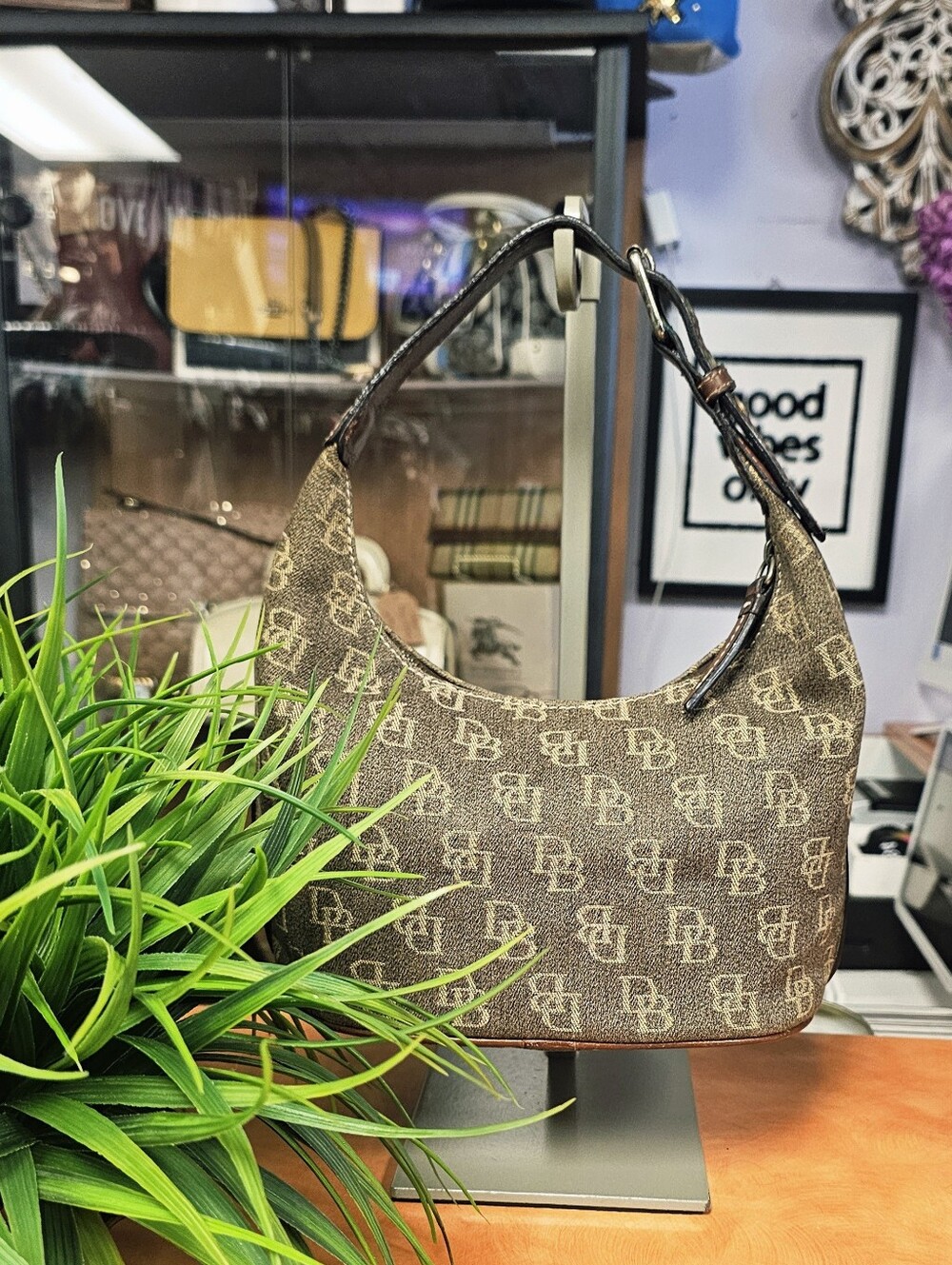 Dooney & Brouke Handbag Brown Monogram Shoulder Bag - Women's Hobo Bag